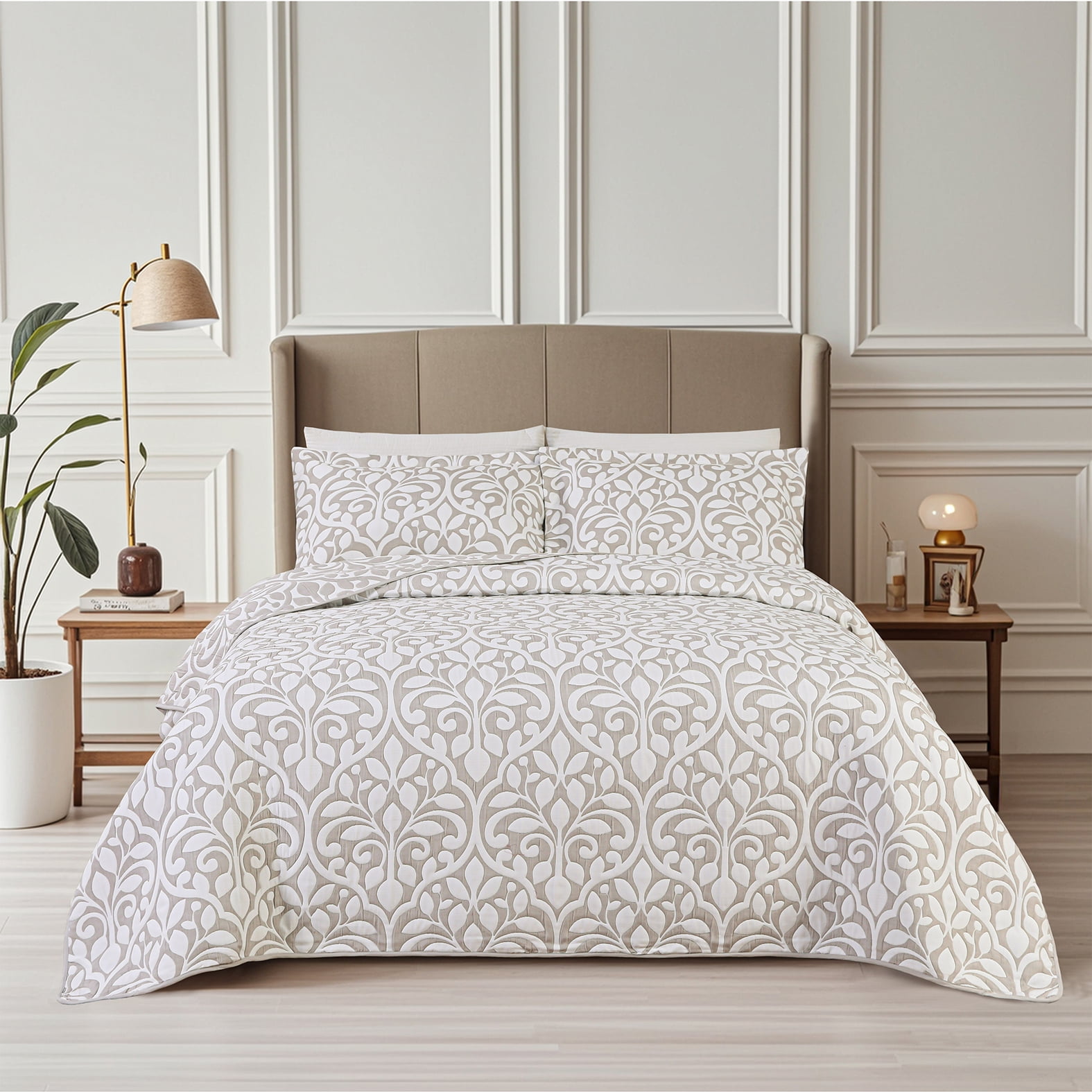 Couvre-lit brodé en jacquard Marina Decoration, couvre-lit ultra doux, parure de lit réversible d'été avec taies d'oreiller matelassées, motif de feuilles grises