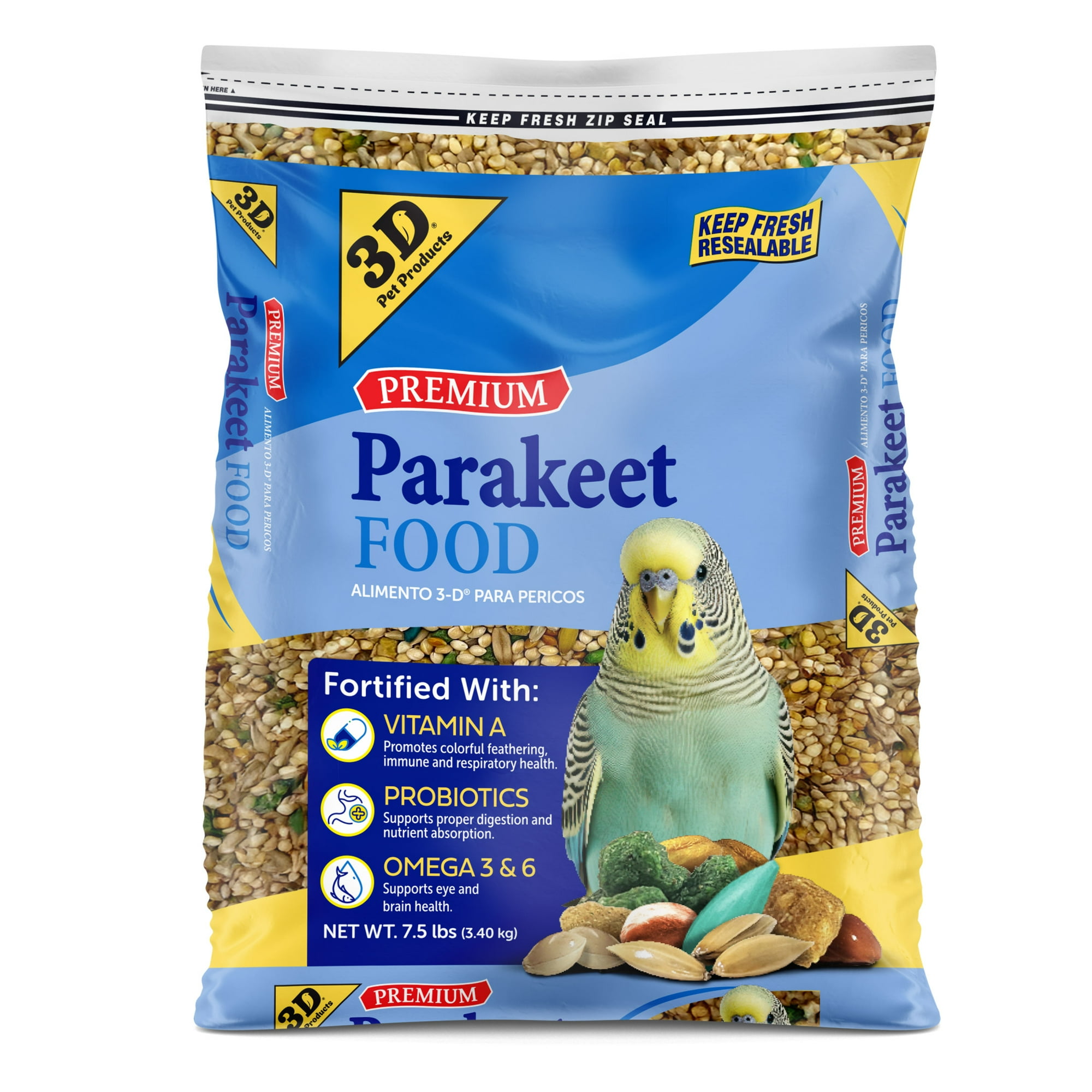 3-D Pet Products Premium Parakeet Bird Food, with Probiotics, 7.5 lb. Zipper Seal Bag, for Daily Feeding