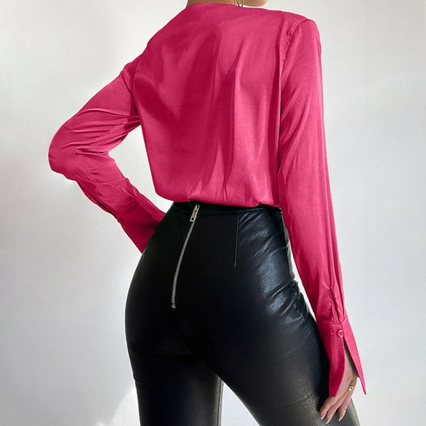 XZNGL Fashion Women Casual Solid Sexy Deep V-Neck Shoulder Pads Long Sleeve  Shirt Bodysuit Tops 