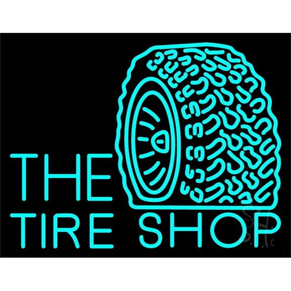 The Tire Shop Turquoise Logo LED Neon Sign 15 x 19 - inches, Clear Edge Cut Acrylic Backing, with Dimmer - Bright and Premium built indoor LED Neon Sign for automotive store, and mall.