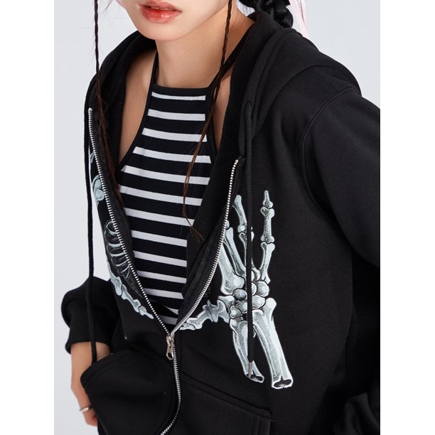 Floerns Women's Skeleton Hoodie - Long Sleeve Zip Up Graphic Sweatshirt With Rhinestones