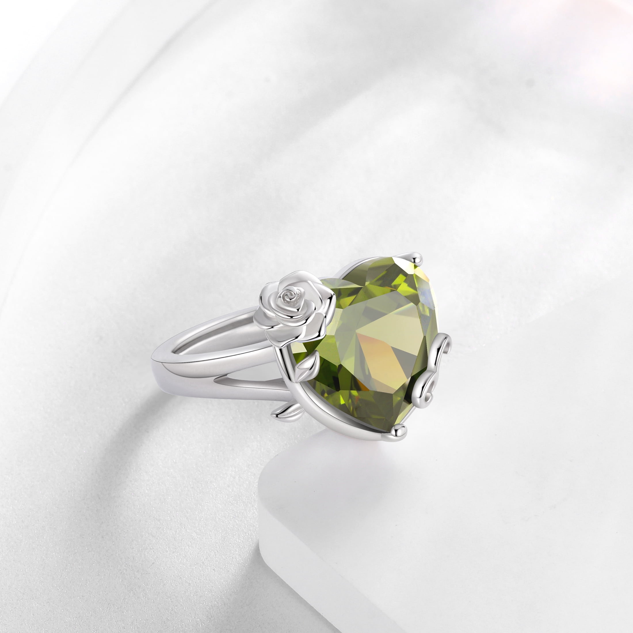 Juwaliy 9Ct Women Heart Ring 925 Sterling Silver Rose Flower August Birthstone Peridot Solitaire Ring Jewelry Mom Christmas Birthday Gift