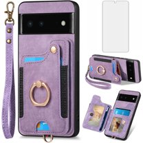 Phone Case for Google Pixel 6 Wallet Cover with Tempered Glass Screen Protector and Wrist Strap Lanyard RFID Credit Card Holder Ring Stand Cell Accessories Pixel6 Pixle Six Women Men Purple