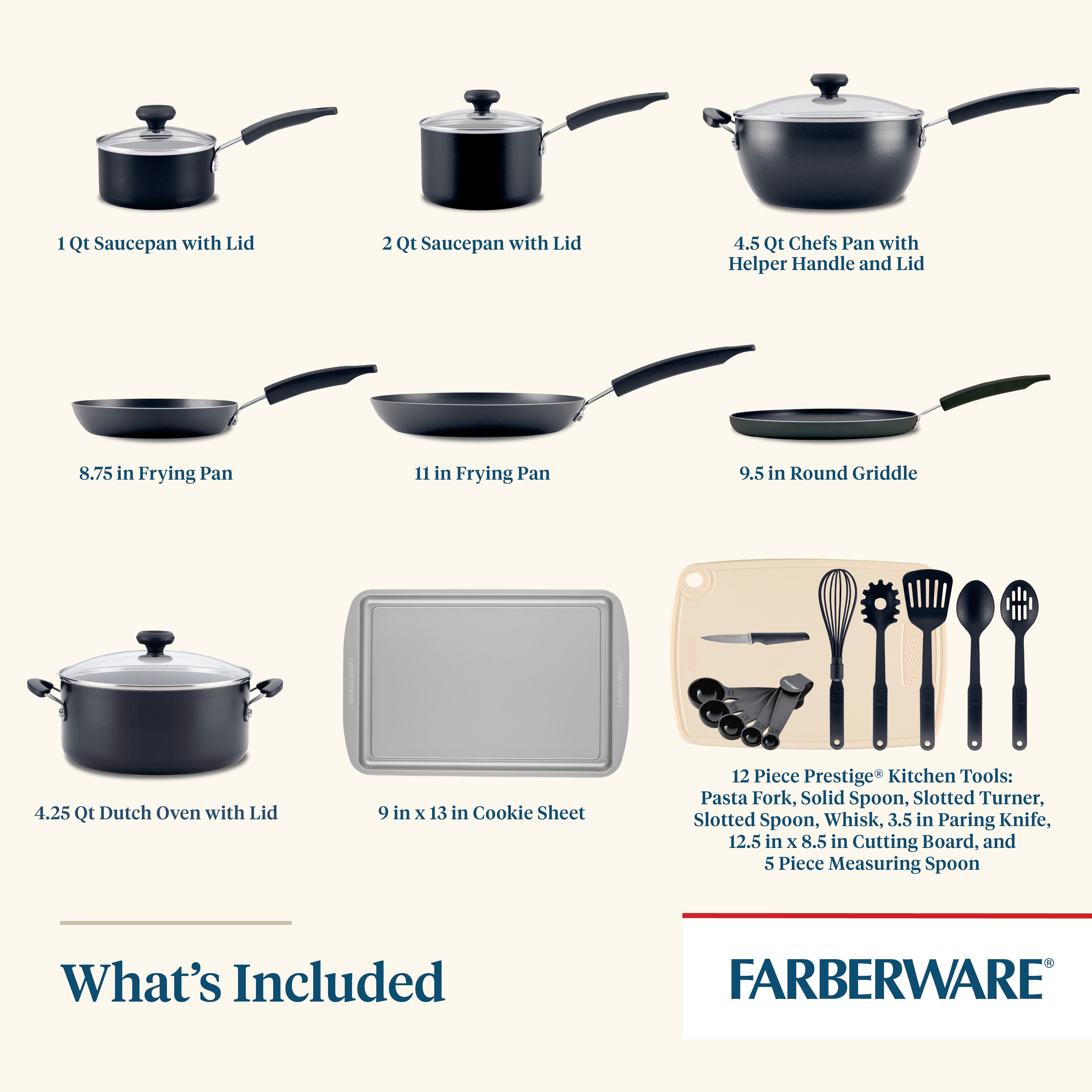 Farberware Easy Clean 24 Piece Aluminum Nonstick Cookware Pots and Pans Set, Black
