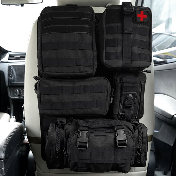 ASKITO Tactical Car Seat Back Organizer, Universal Tactical Vehicle Panel Organizer with 5 Detachable Molle Pouch for Most of Vehicle, Black