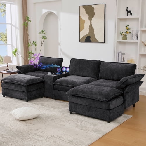 124" Modular Sectional Sofa with Wireless Charging and Bluetooth Speakers, 5-Seater Chenille Sofa Couch with Storage Console and 2 Cup Holders, 2 Movable Footstools, Adjustable Handrail, Black