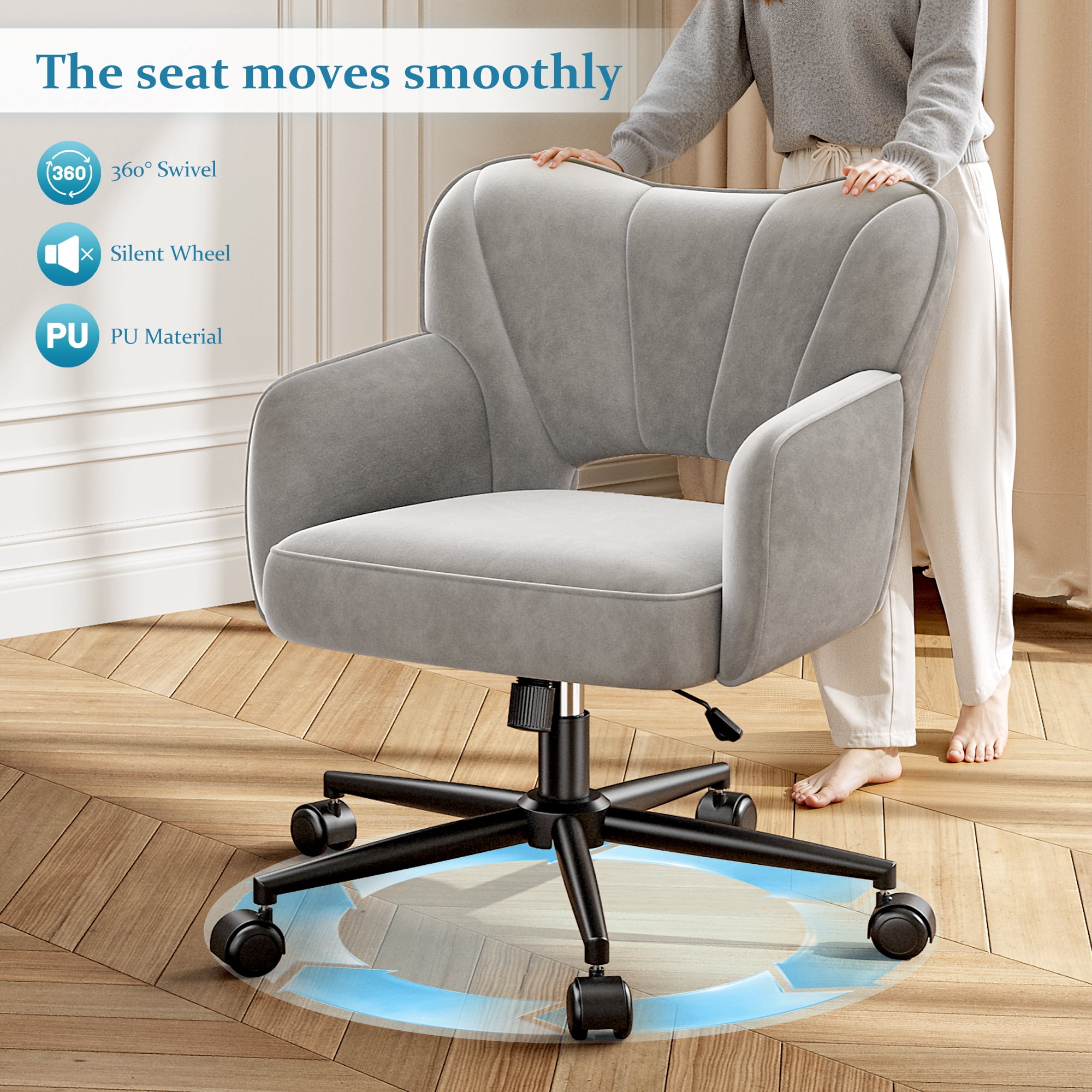 Romorgniz Vanity Chair with Wheels & Back Desk Chair Adjustable Height for Makeup, Work & Relaxation, Gray