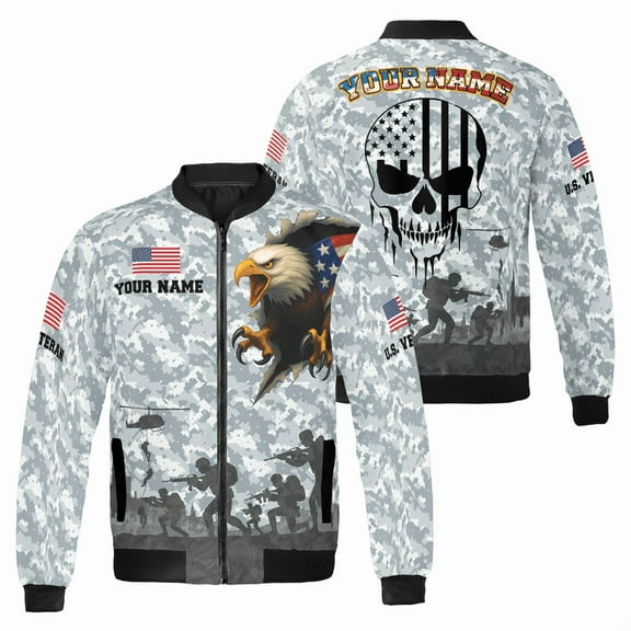 Custom Veteran Tactical Bomber Jacket – Military Camo Zip-Up with Eagle & Skull Flag Design – Personalized U.S. Army Tribute Coat