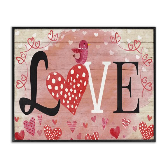 Stupell Industries Farmhouse Romantic Love Patterned Hearts Bird Black Framed Giclee Art, 20 x 16, by Nicole DeCamp