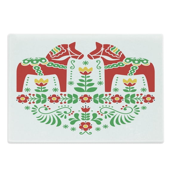 Polish Folk Cutting Board, Floral Ornament with Dala Horse Symmetric Design, Decorative Tempered Glass Cutting and Serving Board, in 3 Sizes, by Ambesonne