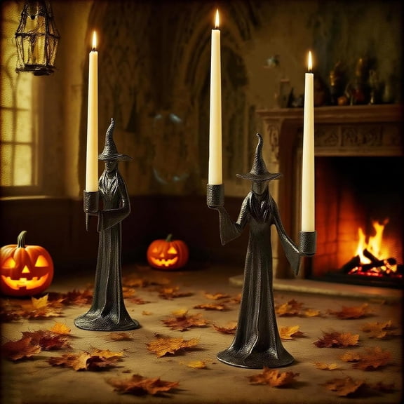 Gothic Witch Figurine with Candlestick, Spooky Halloween Tabletop Decoration for Living Room, Fireplace, Party & Indoor Display.