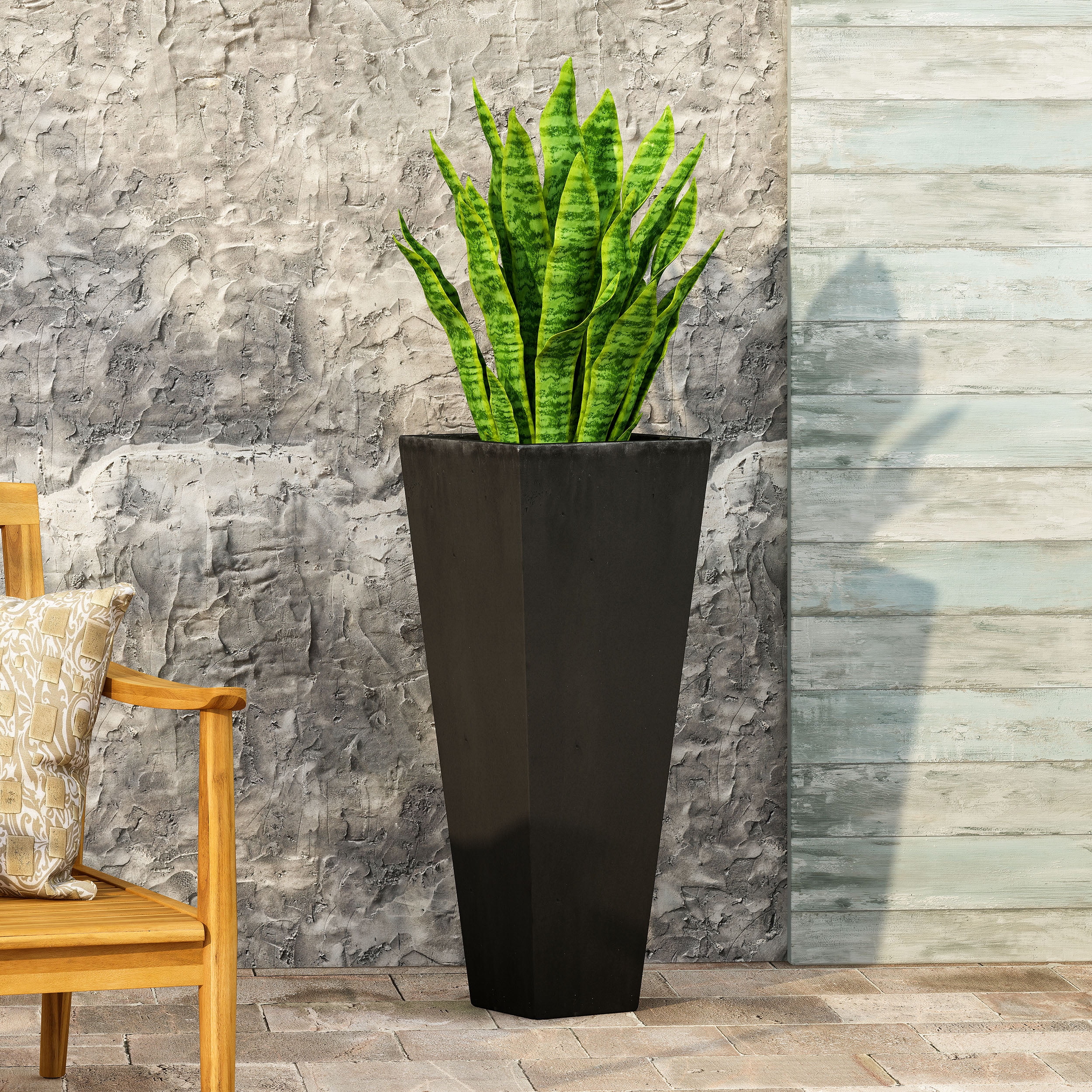 GDF Studio Fardeen Outdoor Modern Cast Stone Planter, Black Large