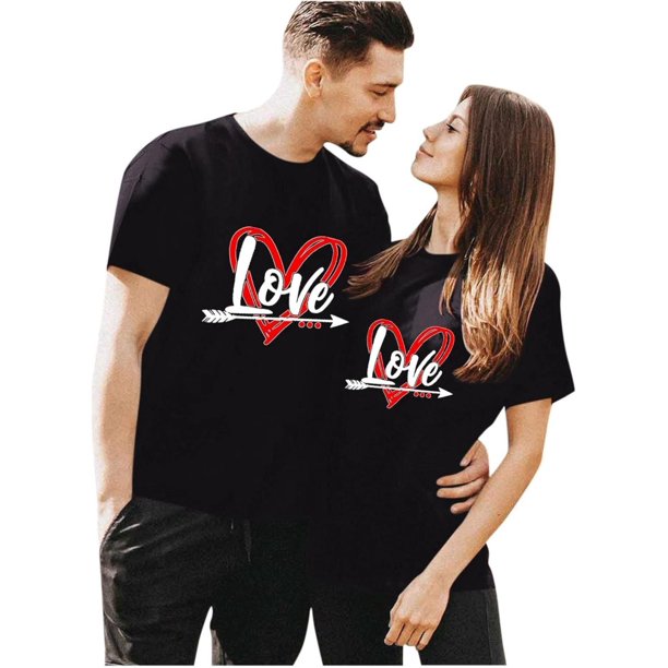 His & Hers Love Heart Matching T-Shirts - Casual Black Cotton Tees with Red Arrow Design, Crew Neck, Short Sleeve, 180g - Perfect for Couples, Valentine's Day Gift Tee For Adult, Men, Women, Teen, Te