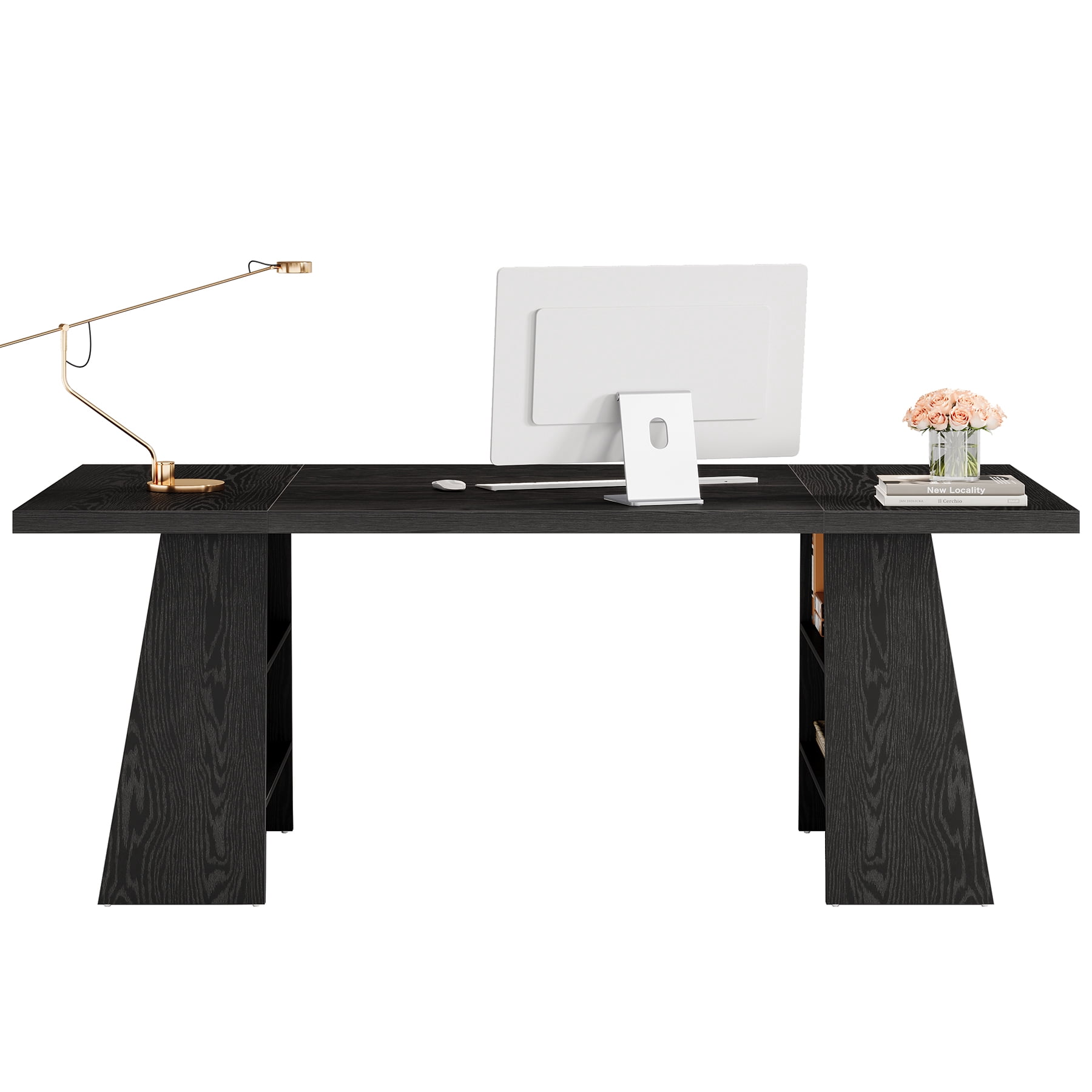 Fnova 63'' Executive Desk, Home Office Computer Desk with Double Pedestal & Storage Shelves, Large Writing & Conference Table, for Home Office & Small Business