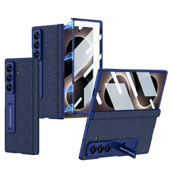 ELEHOLD Textured Leather Case for Samsung Galaxy Z Fold8 Ultra, Shockproof Slim Protective Cover with Glass Screen Film and Kickstand, Blue