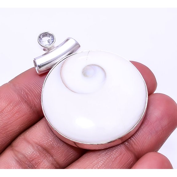 Shiva Eye Shell-Turkey & White Topaz 925 Sterling Silver Pendant 1.72", Off White Shiva Eye Shell Pendant P_9362_373_50