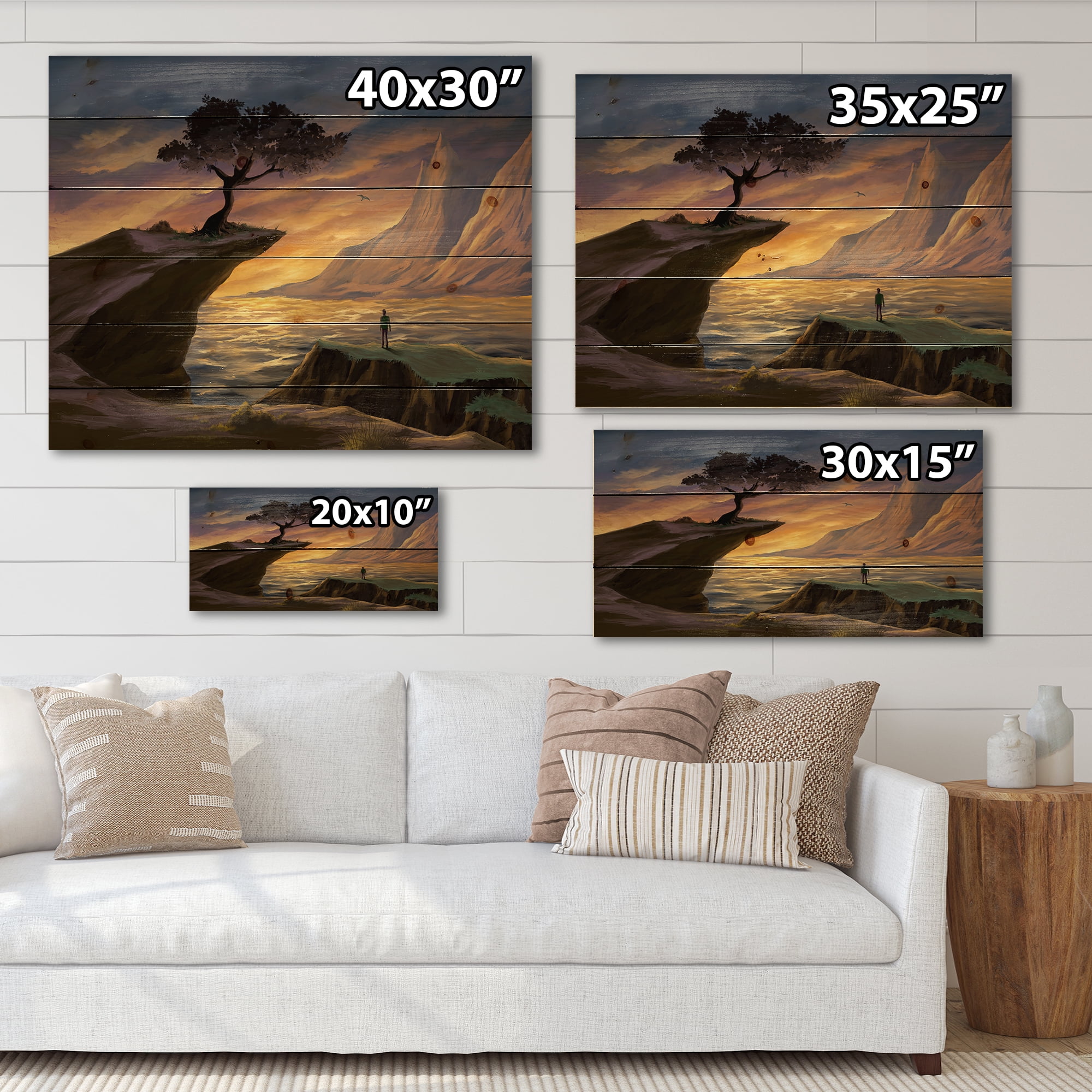 Designart 'Tree On A Sea Cliff At Evening Light' Lake House Print on Natural Pine Wood