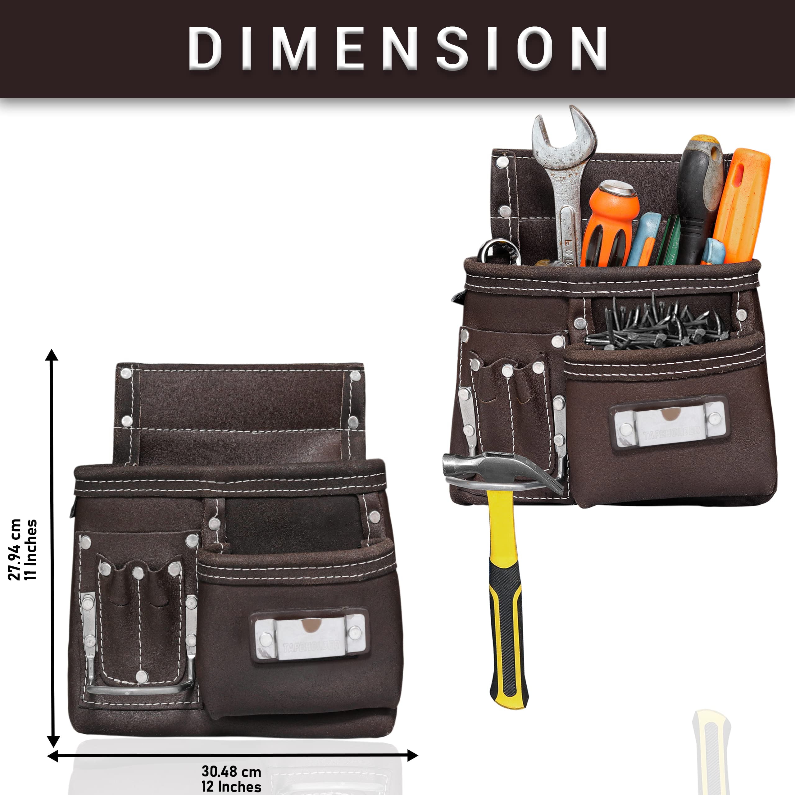 Fueri Professional 10 Pocket Carpenter Tool Pouch Framers Bag | Heavy Duty Premium Grain Leather, Rig Riveted Reinforcement Adjustable Framing