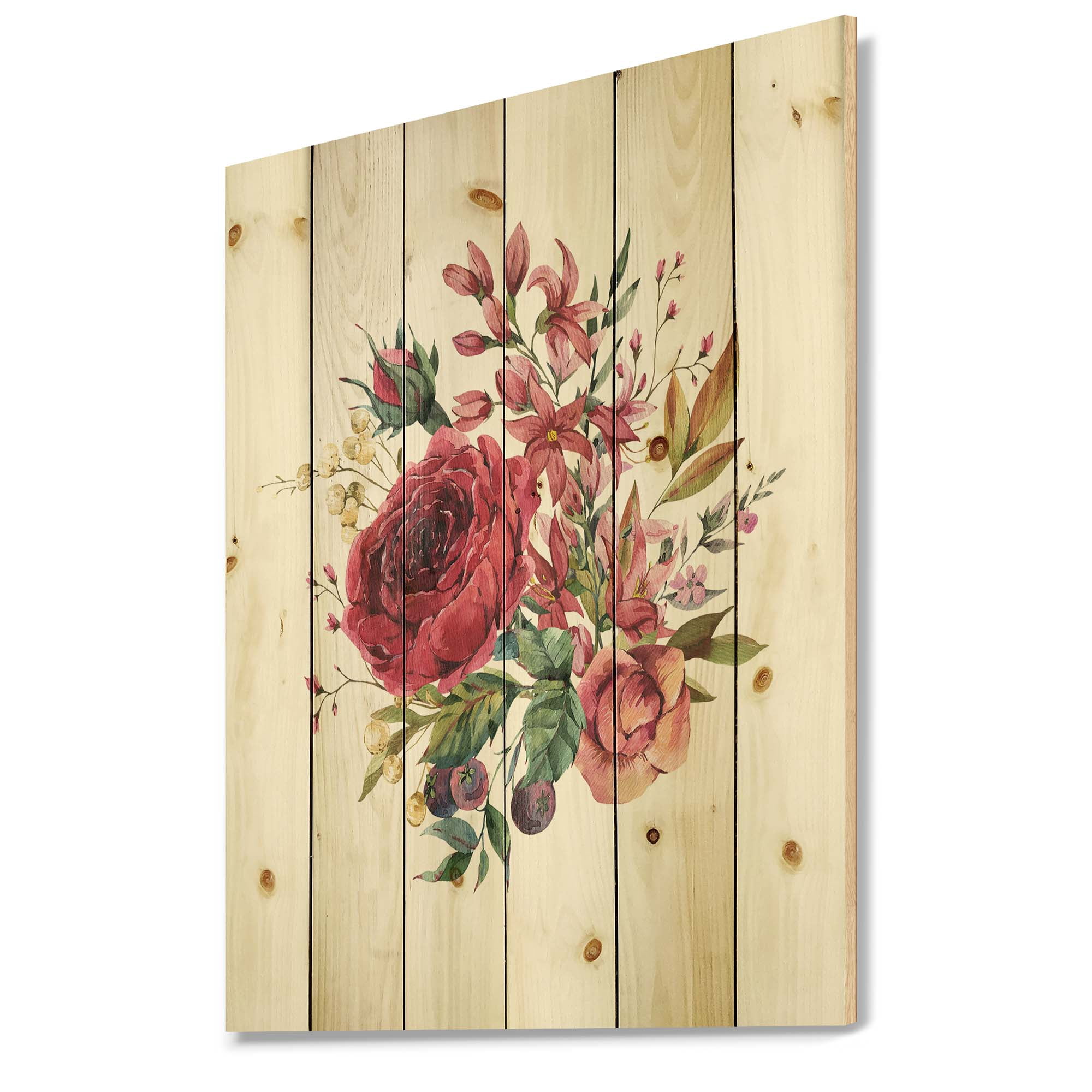Designart 'Ancient Wildflowers and Burgundy Rose' Farmhouse Print on Natural Pine Wood