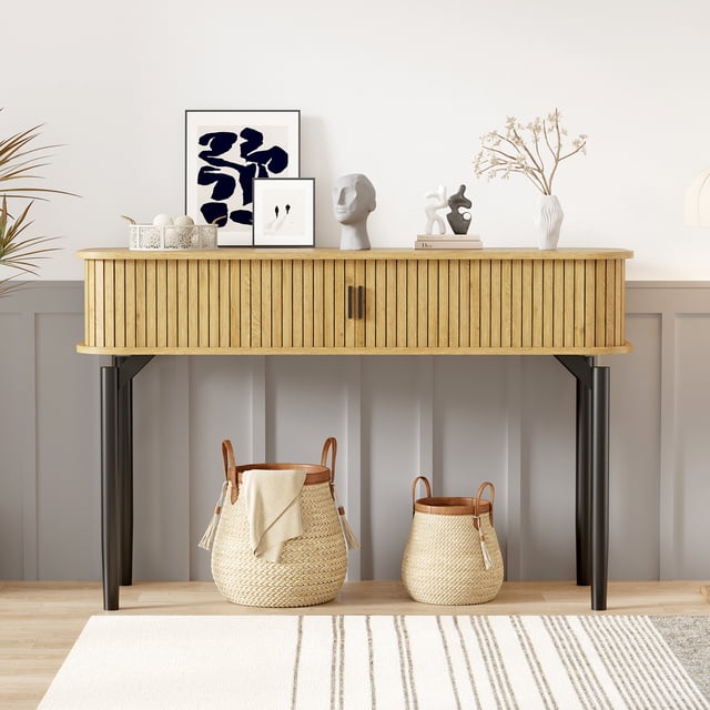 Table Console Cannelée avec Rangement, Table de Sofa en Bois avec Porte Coulissante, Table d'Entrée avec Espace de Rangement pour Salon, Canapé, Couloir, Foyer