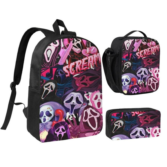 3pcs Ghostface Backpack Set With Pen Bag And Lunch Bag Fashion Travel Backpack Laptop Backpack Simple And Large Capacity Backpack 17 Inch
