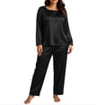 thumbnail image 3 of Women Plus Size Satin Pajama Set Sevevn Long Sleeve Crew Neck Top Wide Leg Pants Soft Sleep Loungewear For Daily Home Use, 3 of 9
