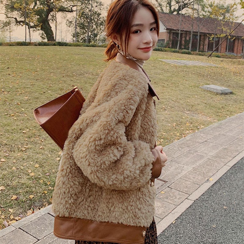 PIKADINGNIS Women Faux Fur Coat Korean Fashion Pu Leather Patchwork Lamb Wool Jackets Woman Winter Turndown Collar Warm Plush Coats - image 3 of 6