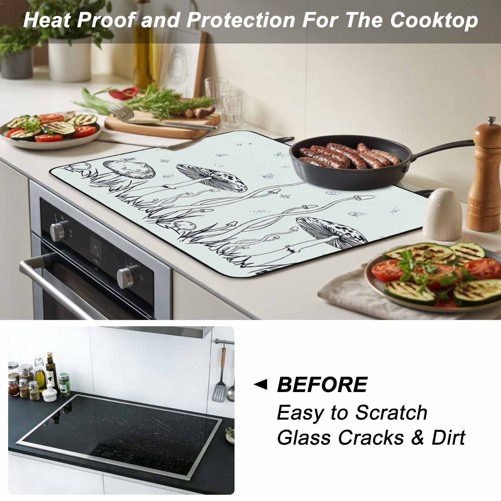 Mushroom Stove Top Cover for Electric Stove, Heat-proof & Non Slip Glass Top Stove Cover Protector, Black Lines Botanical Butterfly Spring Floral Kitchen Flat Cooktop Rubber Mat 24x21 Inches