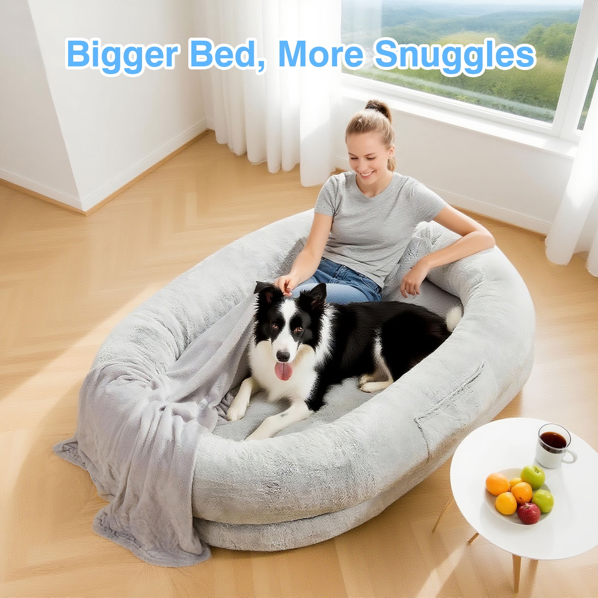 Extra Large Human Dog Bed for Adults & Pets, Faux Fur Orthopedic Lounger with Pillow & Blanket, Washable Nap Bed, Perfect Gift for Pet Lovers (68'' x 35'' x 14'')