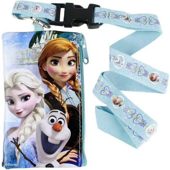 Disney Frozen Blue Pouch Wallet W/Lanyard-Elsa, Anna & Olaf