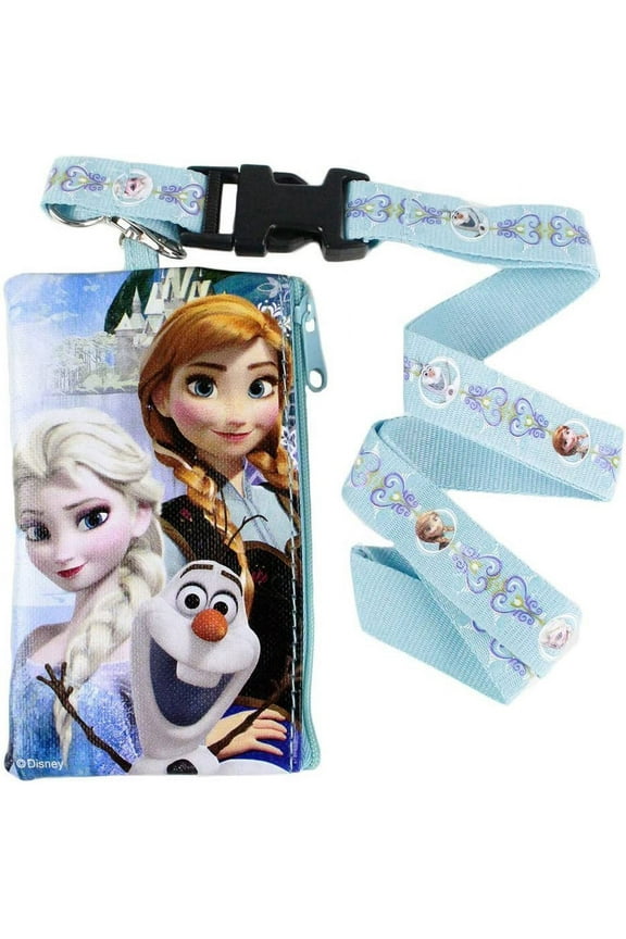 Disney Frozen Blue Pouch Wallet W/Lanyard-Elsa, Anna & Olaf