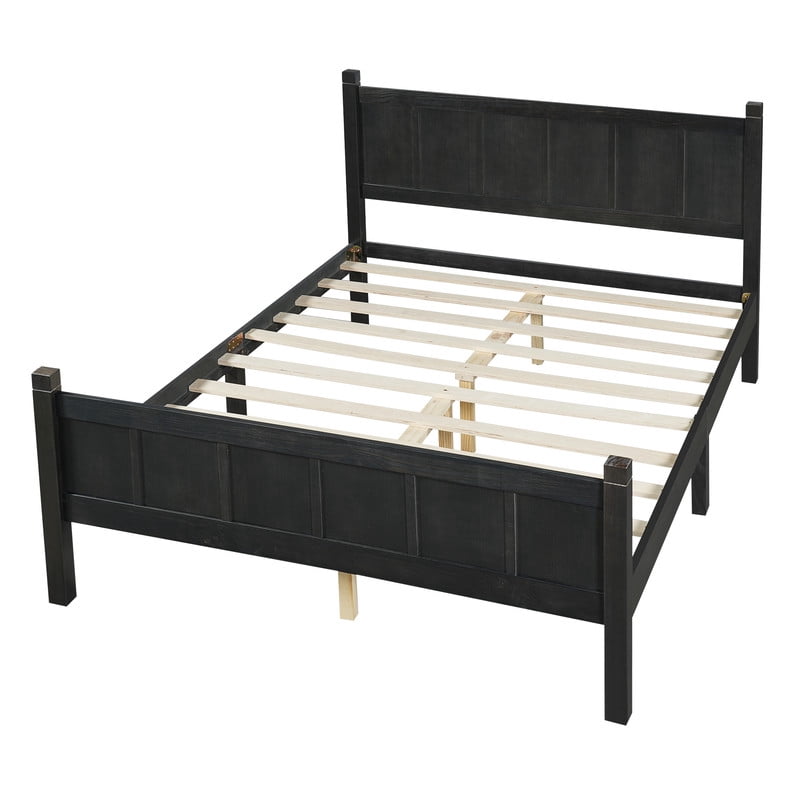 Full Size Farmhouse Platform Bed with Flat Panel Designed Headboard & Footboard, Minimalist Wood Bed Frame with Under-Bed Storage