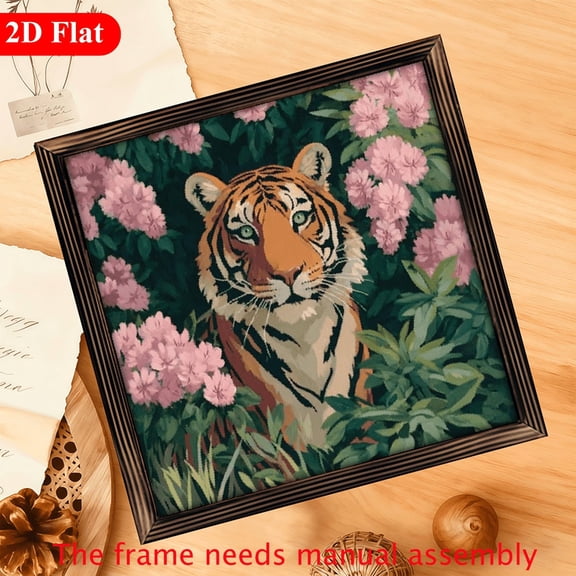 2D Flat, 1Pc Frame Sign Tiger, pink floral jungle, art nouveau style Wall Art Paintings Ideal Gift For Living Room Bedroom Corridor Wall Decor Room Decoration Ready to Hang 12x12inch