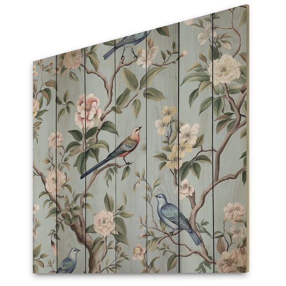 Designart "Chinoiserie Featuring Birds and Peonies XIV" Floral Print on Natural Pine Wood