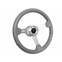 1969-1989 Pontiac; VSW 6 Bolt Gray Leather Wrapped Steering Wheel Brushed Aluminum Kit, Red Arrow Emblem