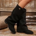 thumbnail image 3 of Women's Slouchy Mid Calf Boots, Buckle Decor Flock Stacked Low Block Heel Boots for Fall Winter Casual Wear, 3 of 8