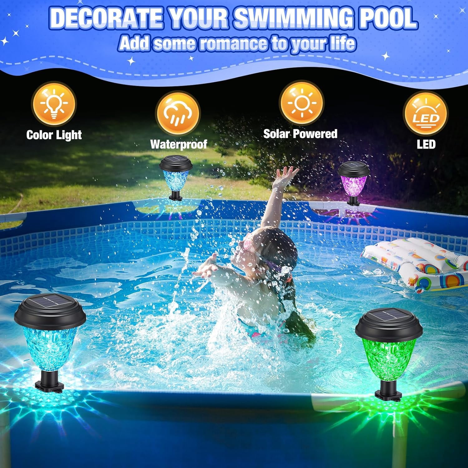 8 Solar Pool Lights for Above Ground Framed Pools, Waterproof Solar Light, Outdoor Pool Fence Decoration, Pool Accessories, Colorful Light