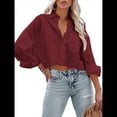 thumbnail image 2 of Camisas de Mujer con Botones, Tops Casuales de Larga, Blusa con Solapa y Bolsillo en el Pecho Rojo S, 2 of 8