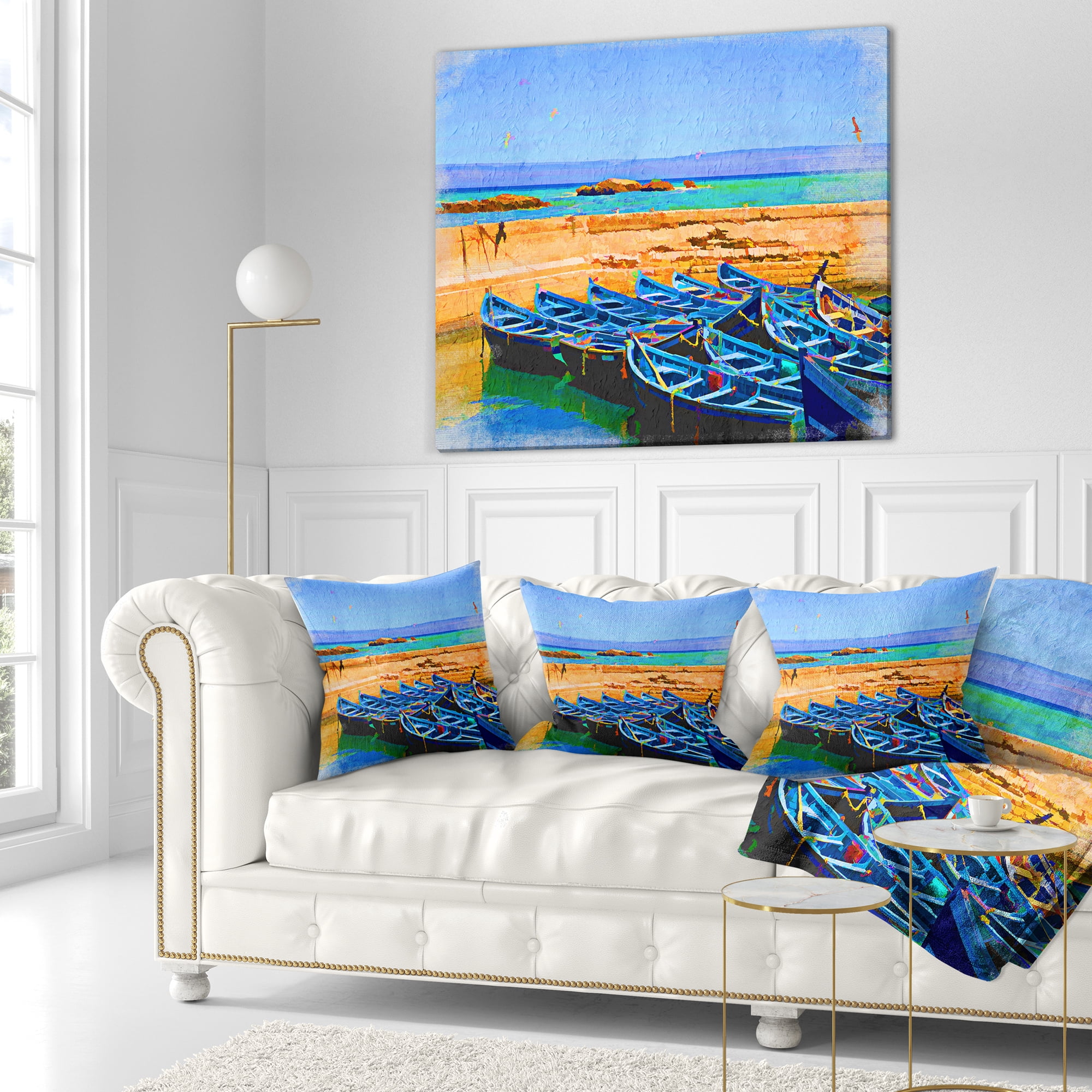 Designart Blue Boats in Sea - Seascape Throw Pillow - 18x18