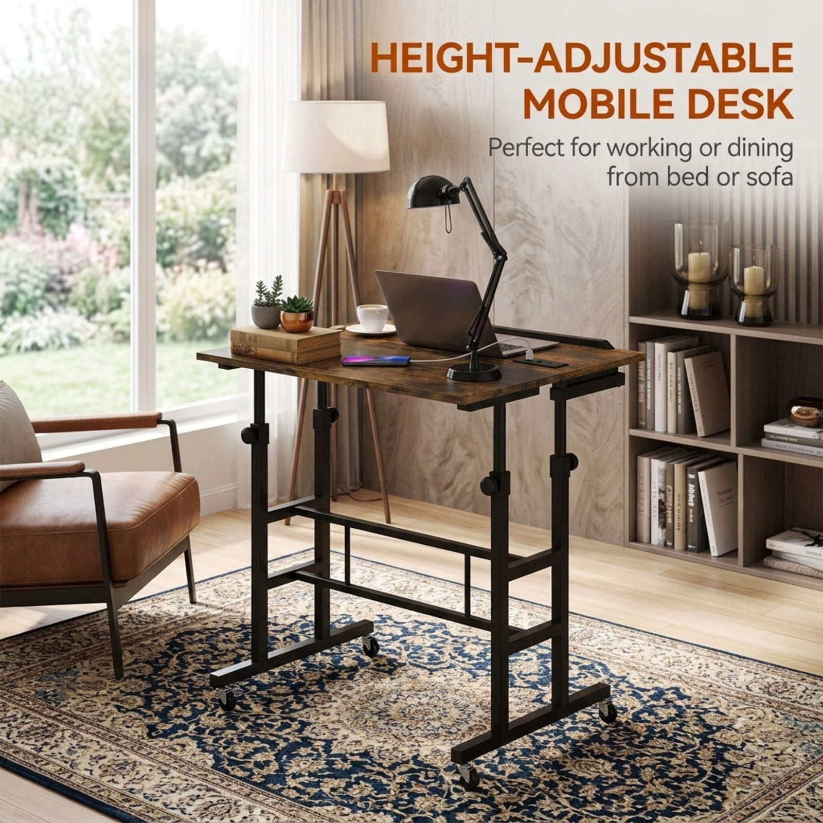 Furnibear Height Adjustable Mobile Standing Desk with Power Outlets Tilting Tabletop Rolling Laptop Cart and Wheels for Home Office, Rustic Brown