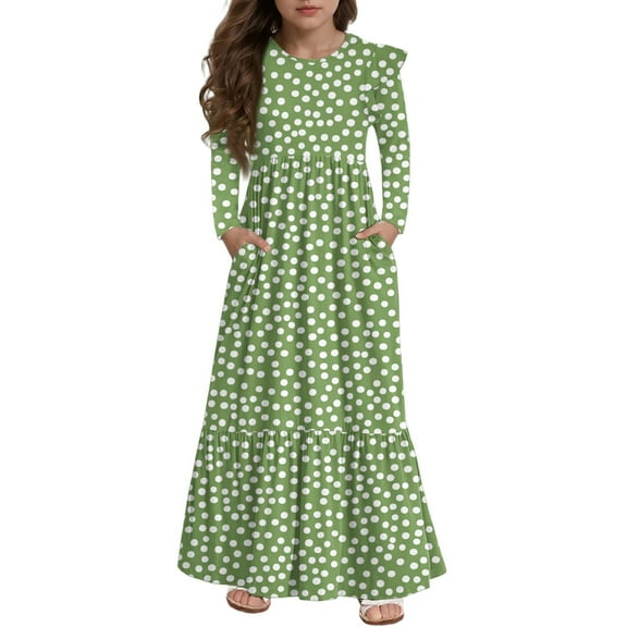 Lumtrix Girls Maxi Dress, Boho Polka Dot Printed Long Sleeves Dress with Pockets Summer Long Holiday Dress 2-14 Years Mint Green 160