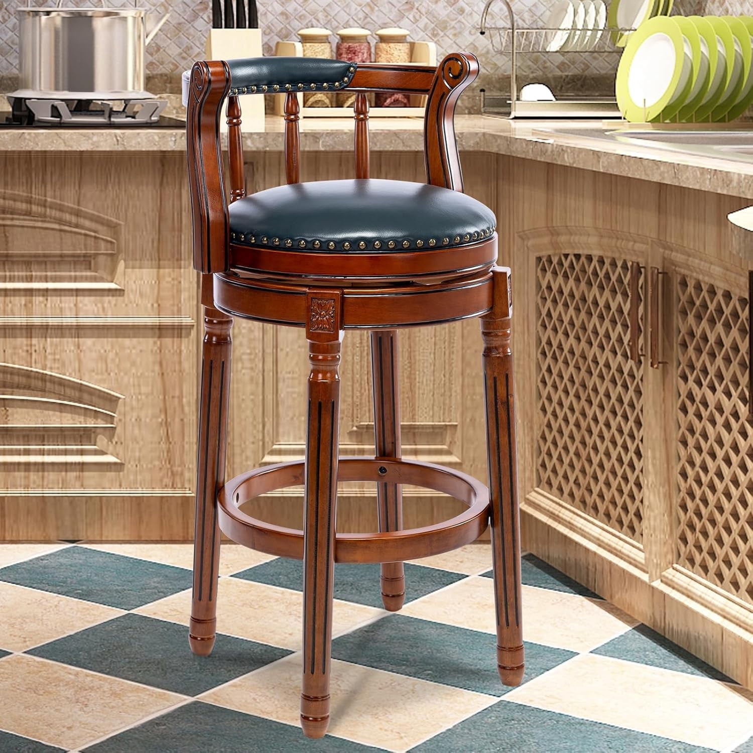 Aulife Bar Stools Genuine Leather Counter Height barstool Wooden Swivel kitchen Stool with Footrest for Kitchen Dining Room(navy seat, Counter-29.5" seat height)