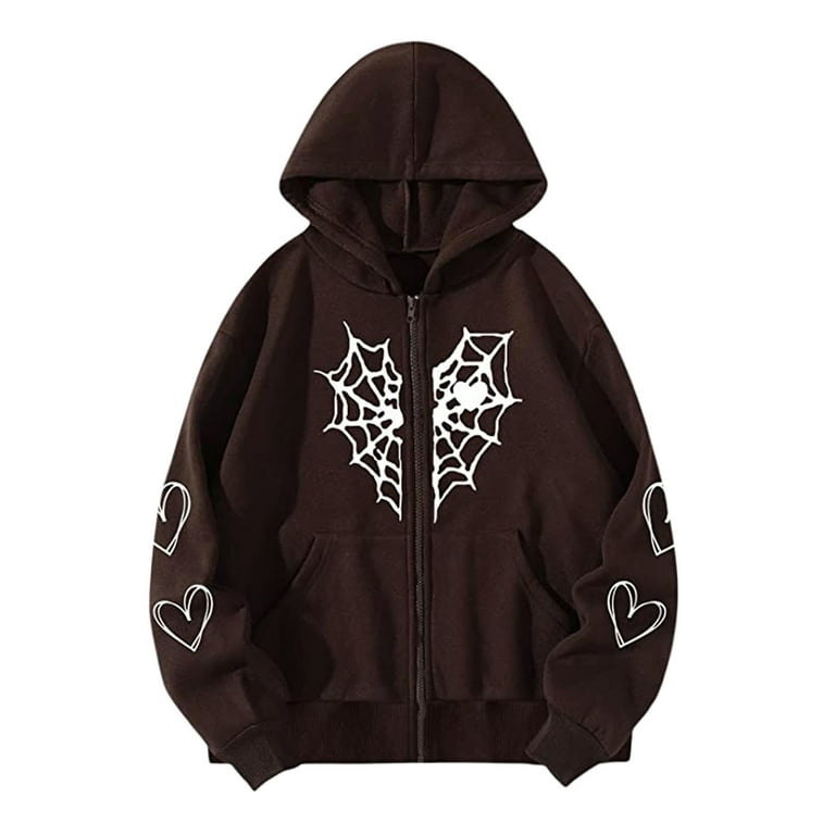 purcolt Womens Casual Oversized Hoodie Halloween Gothic Style Spider Web  Printed Long Sleeve Full Zip Up Hoodie Sweatshirt Fall Winter Loose Fit  Coat with Pockets on Clearance 