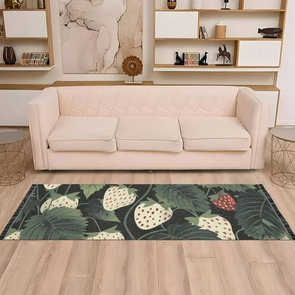 White Strawberries Runner Rug Non-Slip Area Rugs Linen Washable Non Shedding for Kitchen Bedroom Carpet