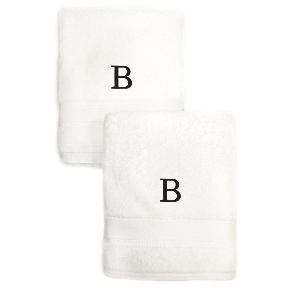 Authentic Hotel and Spa  2-piece White Turkish Cotton Hand Towels with Black Monogrammed Initial White/H