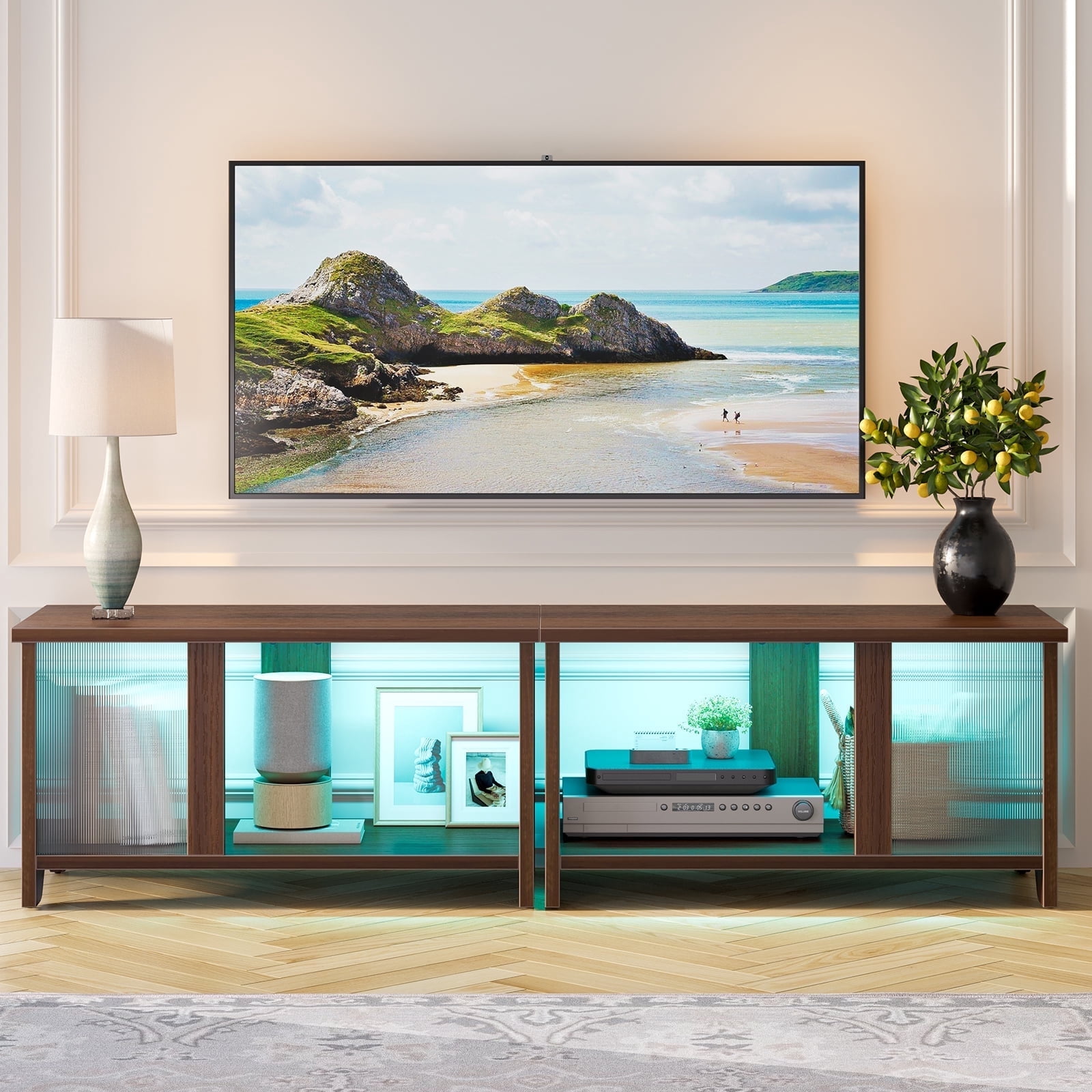 Pinmoco LED TV Stand for TVs up to 65'', Expandable Side by Side or Stacking TV Stand with Storage, Rustic