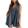 thumbnail image 3 of Feancey Womens Denim Romper Shorts Baggy Casual Sleeveless Tie Front Overalls Summer V Neck Jean Jumpsuits with Pockets Limited Time Sales Today Dark Gray M, 3 of 7