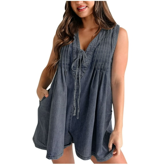 Women's Denim Romper Oversized V Neck Sleeveless Jean Short Overalls Casual Jumpsuit Shortalls with Pockets