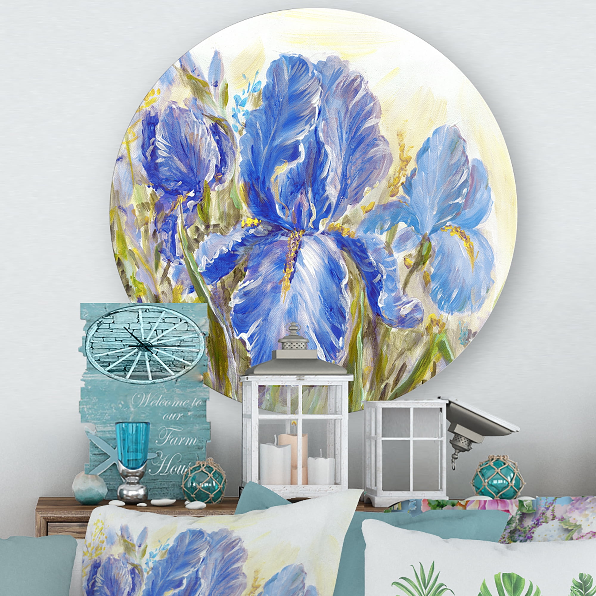 Designart 'Blue Irises Blossoming Flowers' Traditional Circle Metal Wall Art 11x11 - Disc of 11