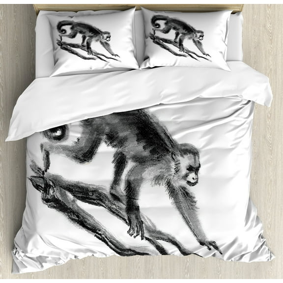 Animal Duvet Cover Set, Sketchy Style Monkey on a Branch Exotic Creature in Jungle Hand Drawn Illustration, Decorative 3 Piece Bedding Set with 2 Pillow Shams, Calking Size, Dimgrey, by Ambesonne